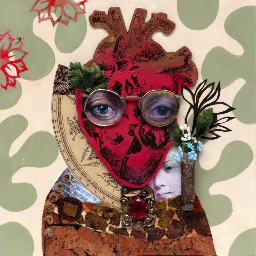 A collage of a red anatomical heart with eyes on it and various other objects collaged on a green and beige background.