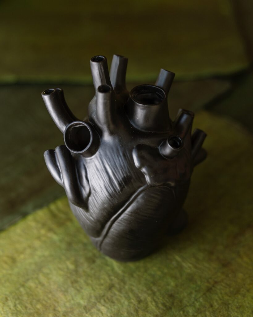 An anatomical heart home decor piece in black sits on a green background.