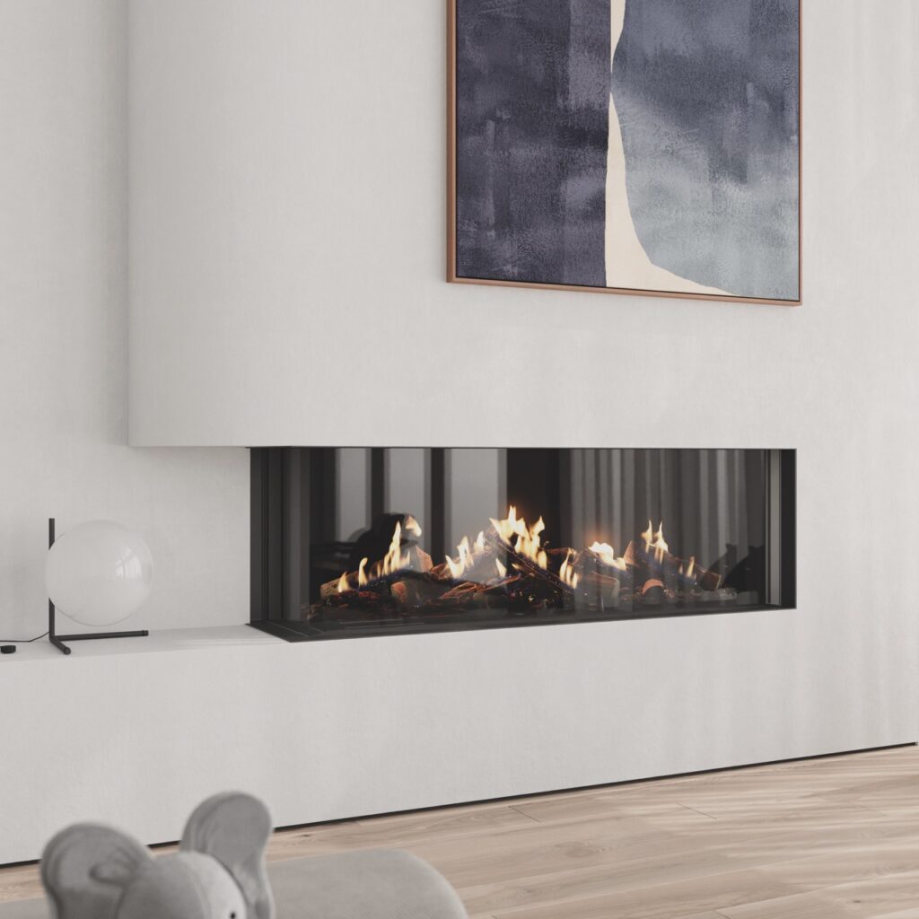 An indoor fireplace sits in a white wall with a glass cover that shows teh flames and logs.