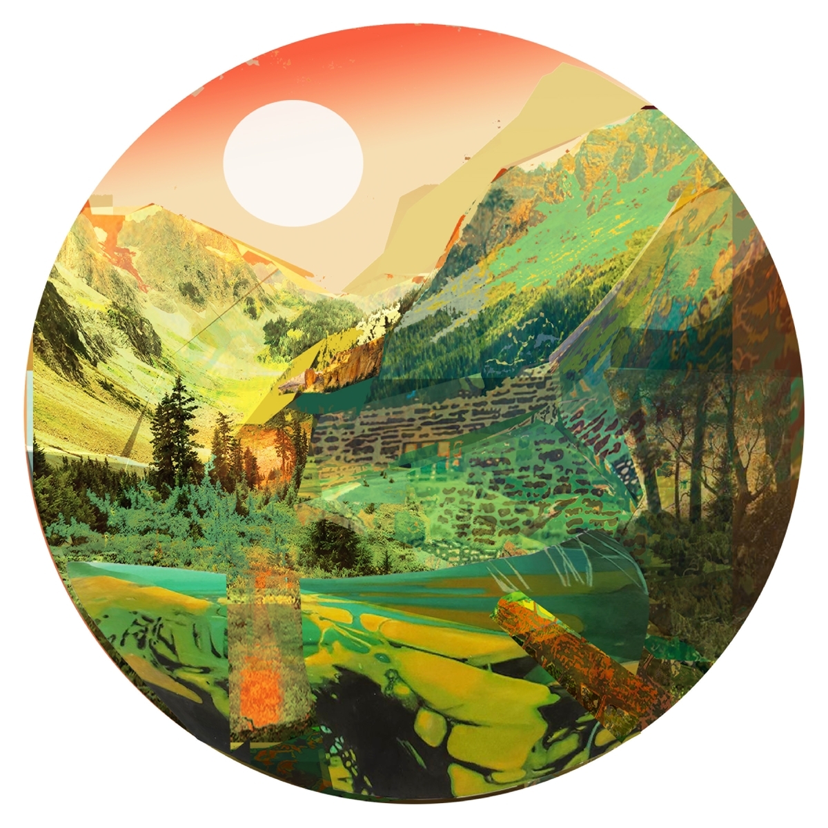 Colorful landscape painting depicting a mountain scene with a river valley and trees below a partial white sun circle, representative of the natural beauty found across New Mexico.