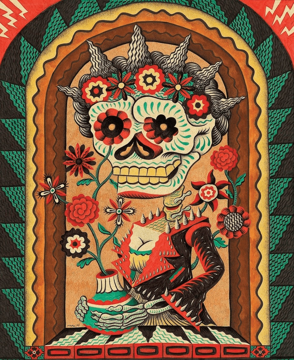 Bright colorful artwork featuring a skull adorned with intricate patterns and floral motifs against a vintage style background, representative of the traditional Day of the Dead aesthetic featured in the Brandon Maldonado: Requiem exhibition at On View Galleries.