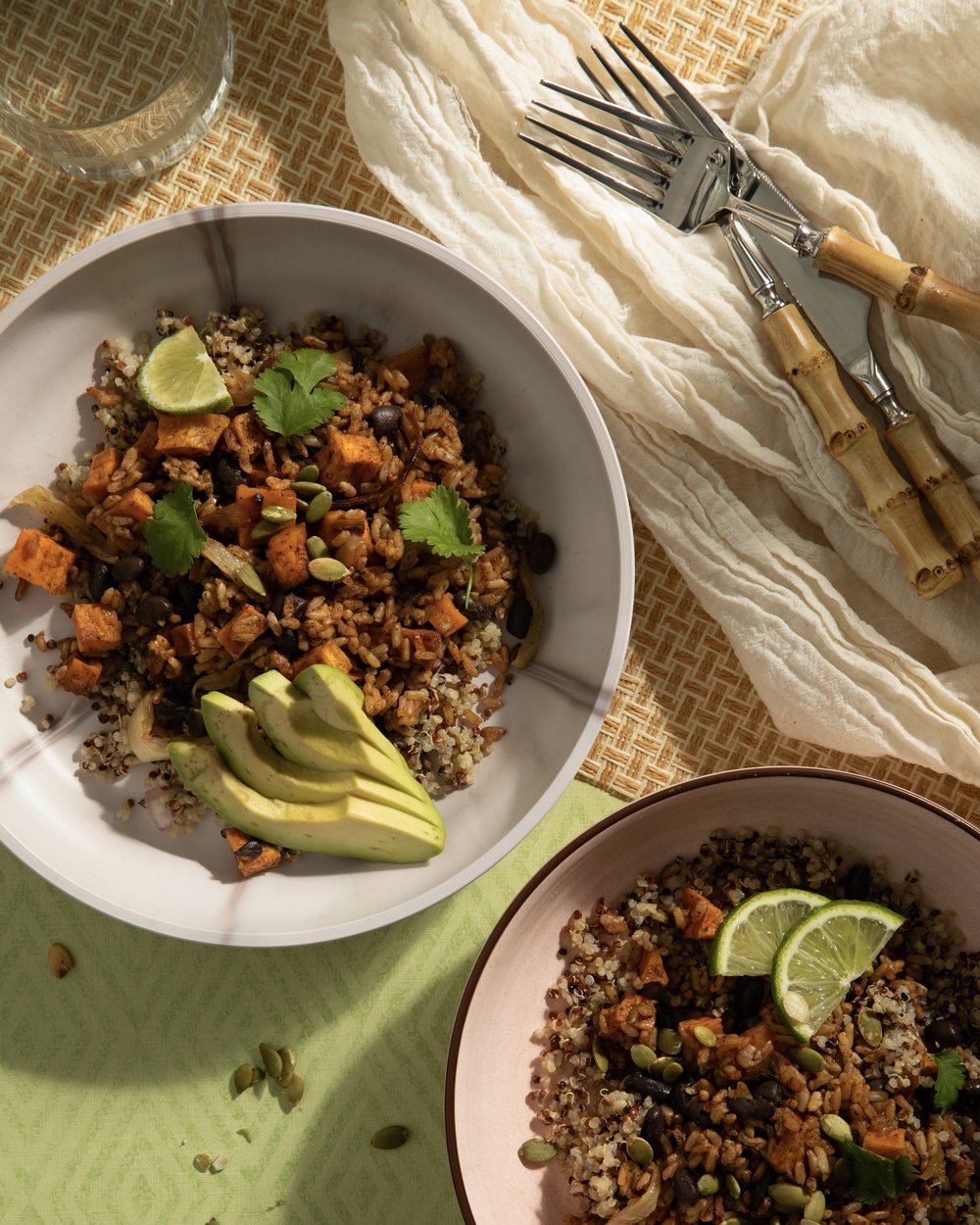 Roasted sweet potato burrito bowl with grains