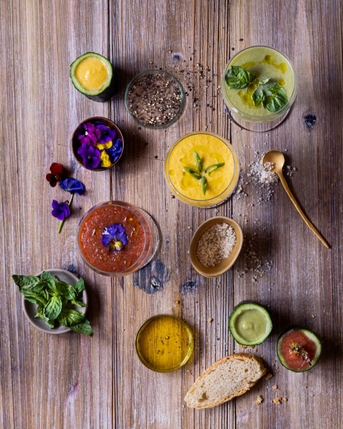Three soups, Verrines d’Été, gazpacho, cold melon soup with prosciutto, and summer melon gazpacho
