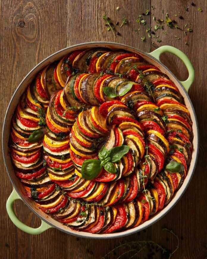 Colorful spiral ratatouille sits proudly in a bowl