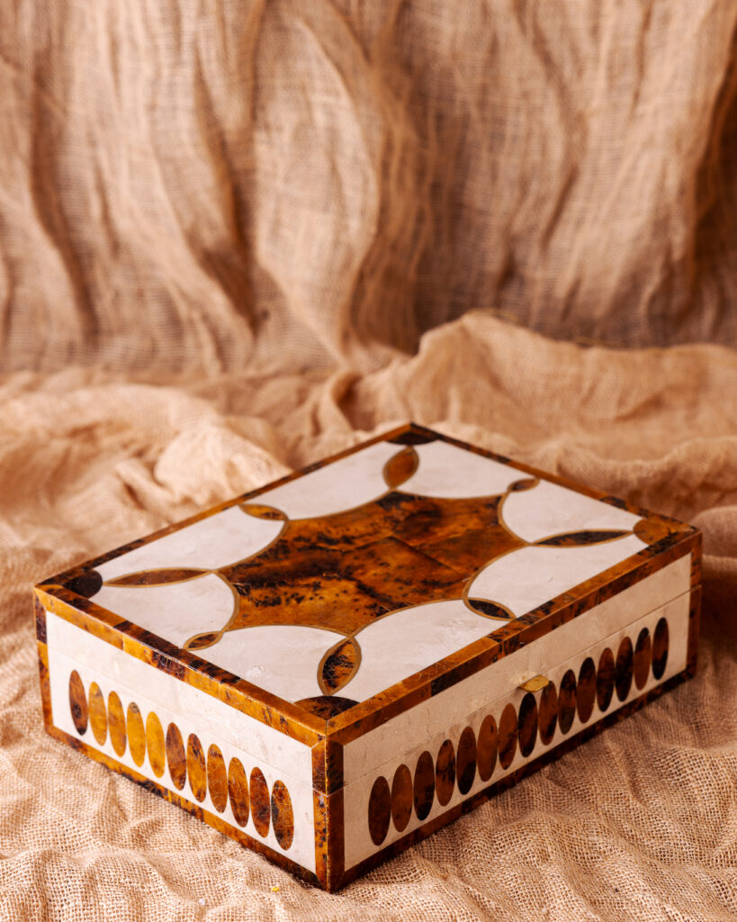 inlaid box made from white fossil stone and tiger penshell
