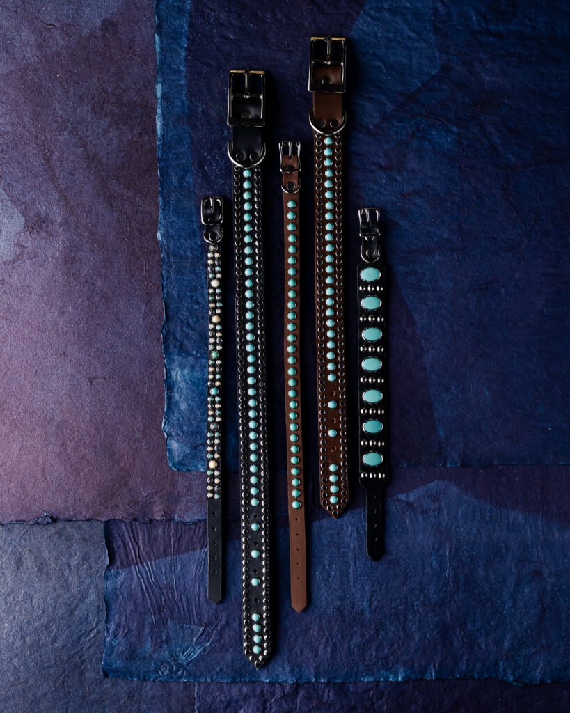 Five dog collars made from Italian leather and featuring turquoise stone