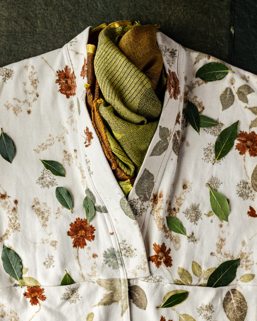 A kimono-style jacket dotted with flowers and leaves. gifts for women