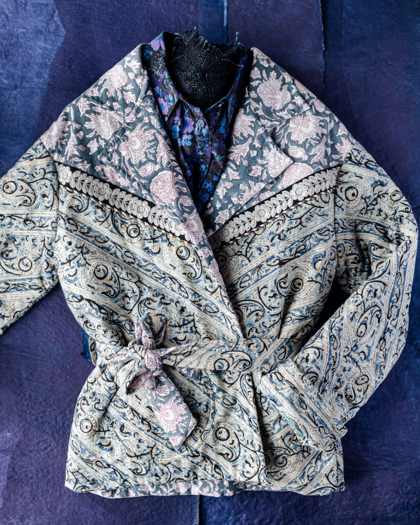 belted quilt-like printed jacket in teal and frost. gifts for women