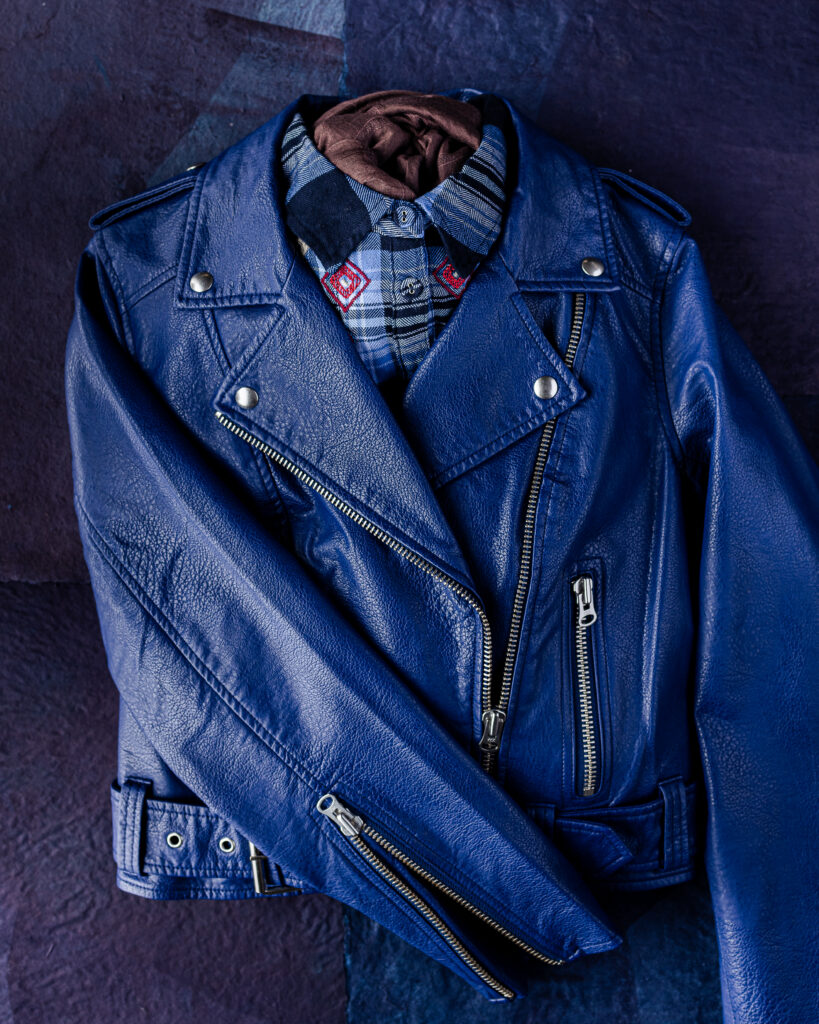 an electric blue leather biker jacket