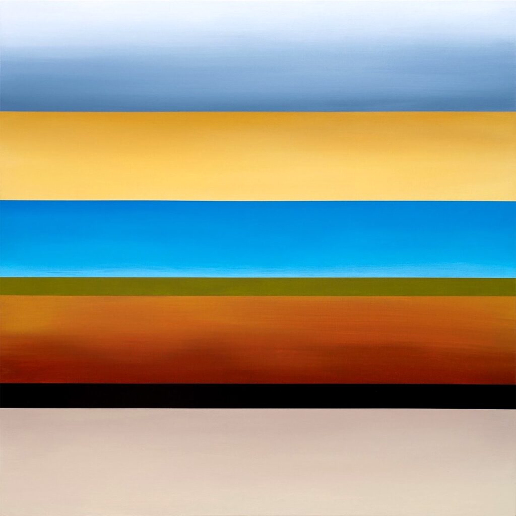 A painting of gradients in the colors brown, blue, yellow, and light lavender.