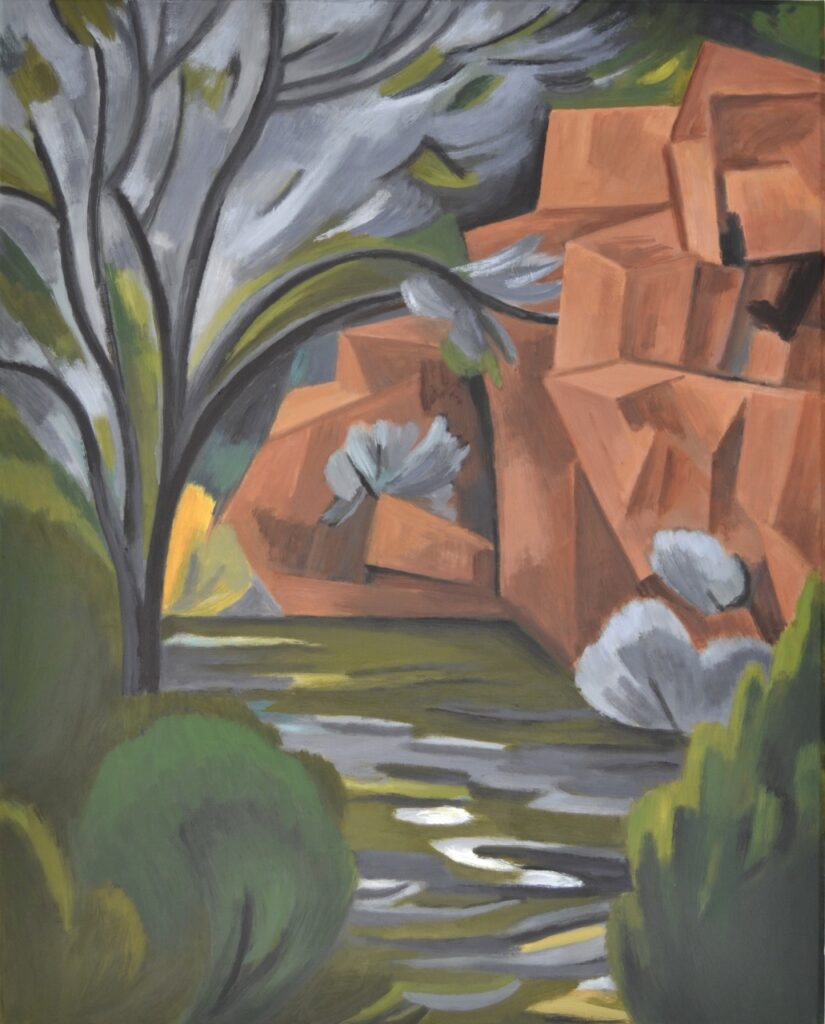 A painting of a valley with orange canyons and green trees.