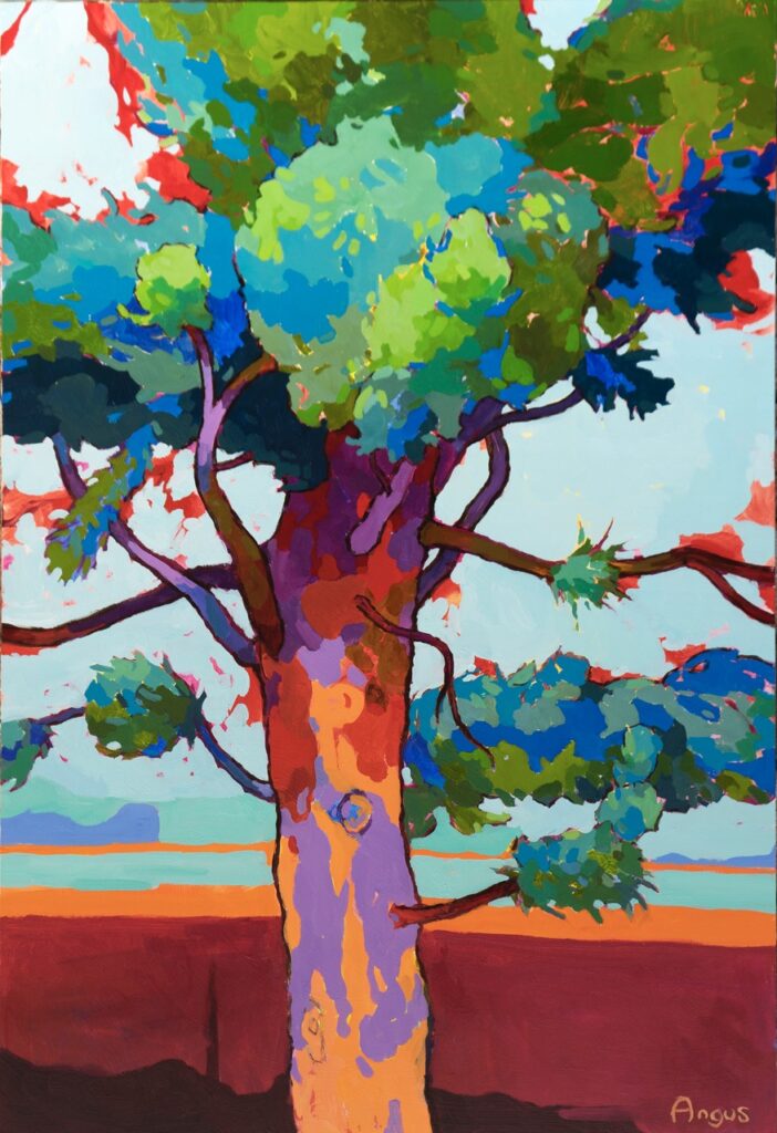 A painting of a colorful tree with blue in the treetops and red and purple in the bark. 