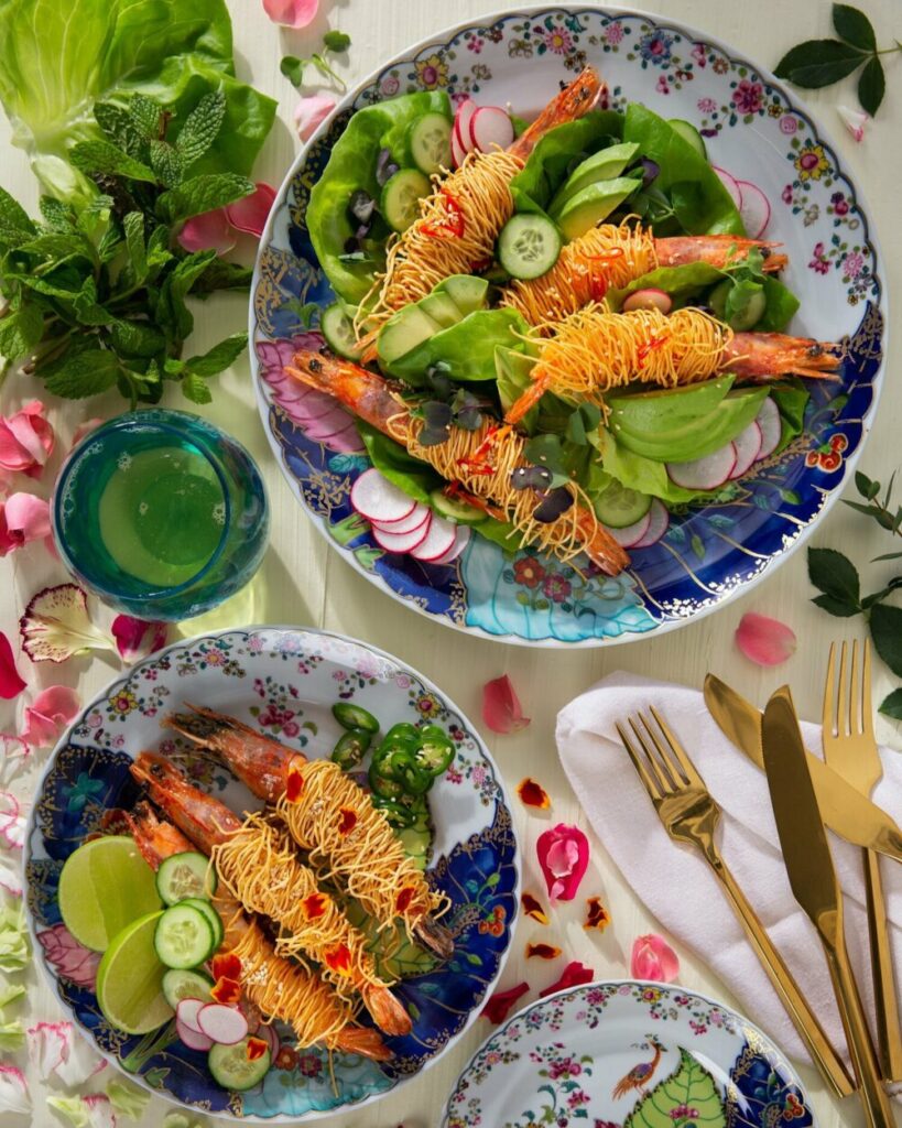 Mottahedeh's Tobacco Leaf Dinnerware: Prawn and Noodle Lettuce Wrap Dish