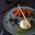 Burrata Caprese Recipe with Heirloom Tomatoes, Burrata, Tangerine Juice, and Balsamic Pearls