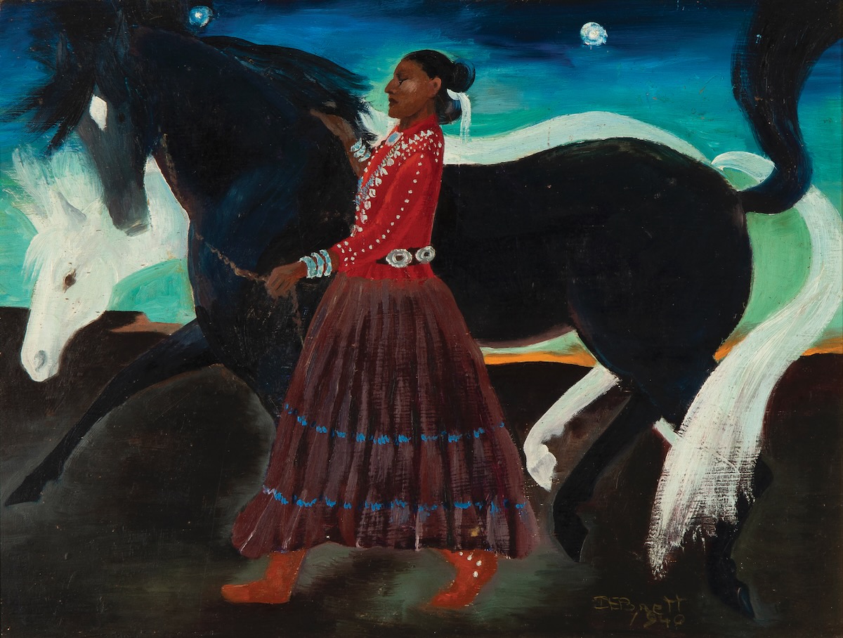 A painting of a figure in a red shirt and long skirt walks in front of two horses, one white and one black.