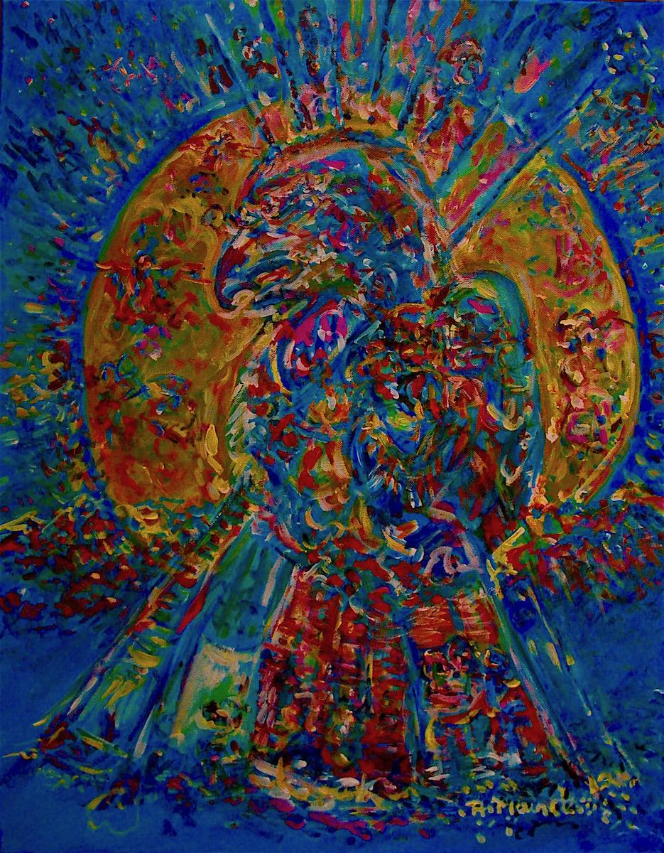 A mosaic of a Native American man in blue, orange, and red 