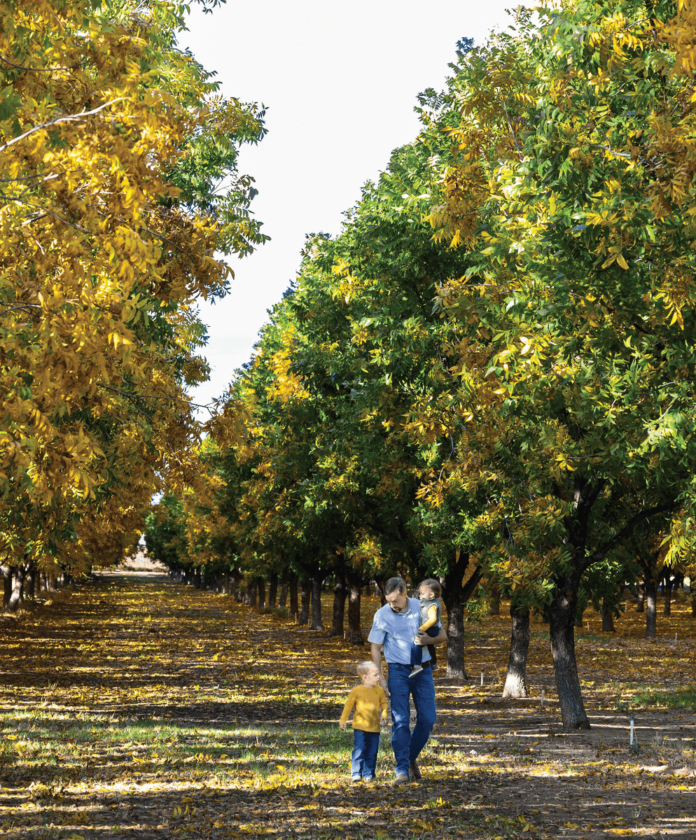 A family standing under colorful fall trees on a breezy day, the father holding an infant while a young child looks up at them, representing planting for future generations.