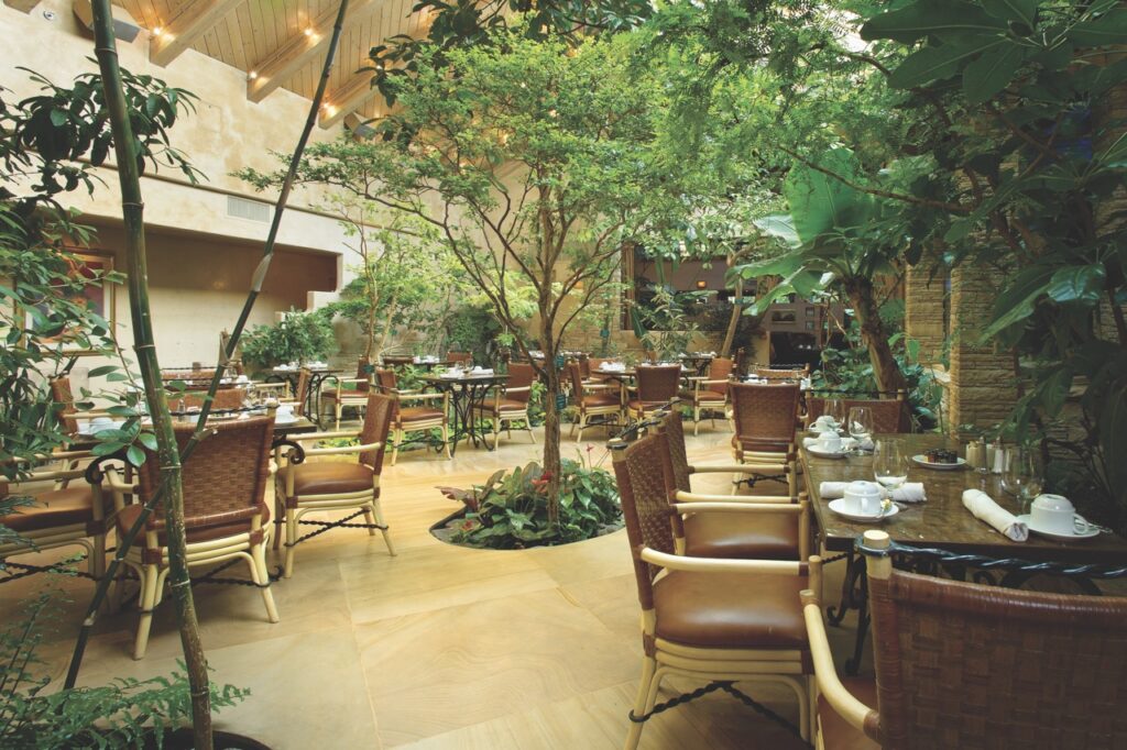 A Winter Staycation at El Monte Sagrado An outdoor dining space with rood chairs and tables amongst trees.