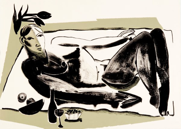 A stylized graphical illustration or painting of a figure in a reclining pose. The figure is depicted in a monochromatic, high-contrast style, with strong lines and shapes defining the form.