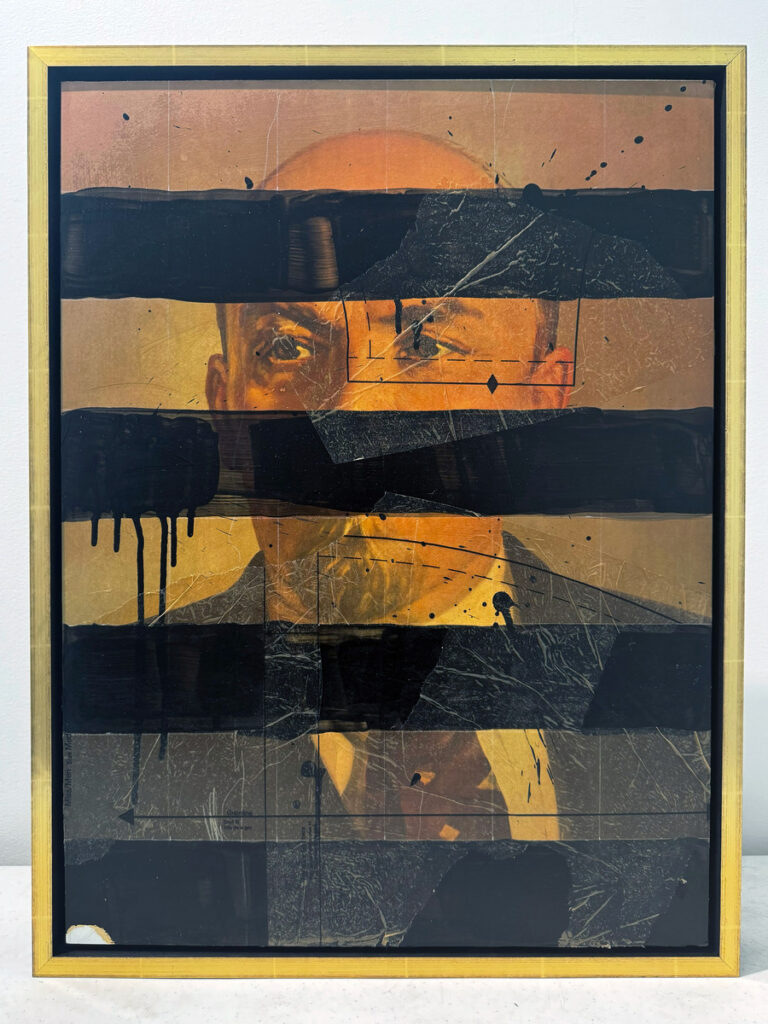 Abstract portrait of a person with black horizontal brush strokes obscuring their face, framed in gold, reflecting Steven Campbell's exploration of identity and modern cultural themes.