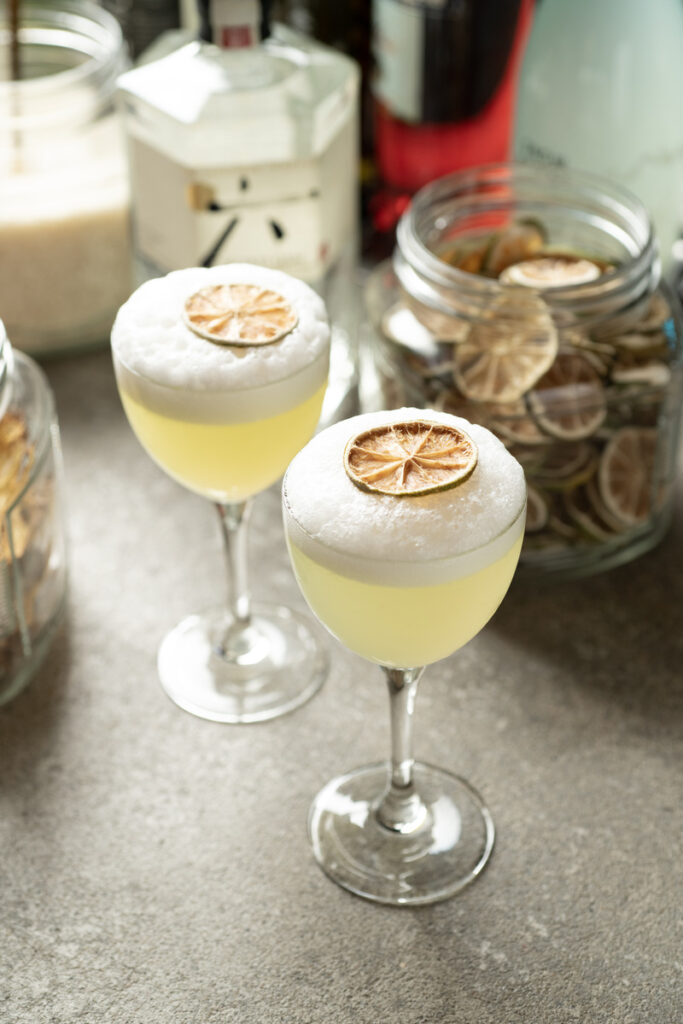 Two frothy cocktails garnished with dried lime, served in elegant glasses with a backdrop of bar essentials and dried citrus slices.