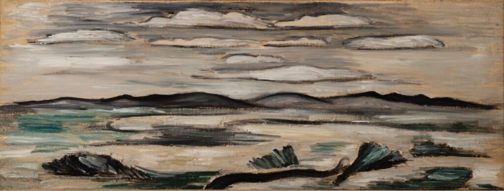 A Marsden Hartley painting of a New Mexico landscape in dull colors.