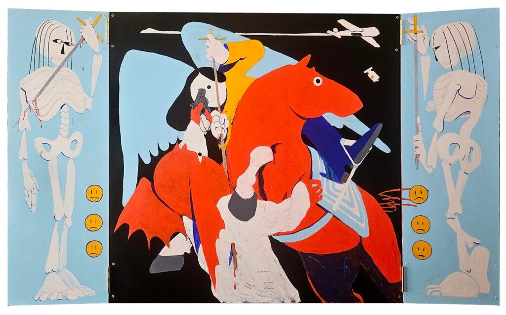 An expansive, multi-panel painting featuring abstract and stylized figures in vibrant colors against a dark background, with prominent skeletal forms on the light blue side panels and a central scene with a red horse, winged figure, and symbols that resemble airplanes and unhappy faces.
