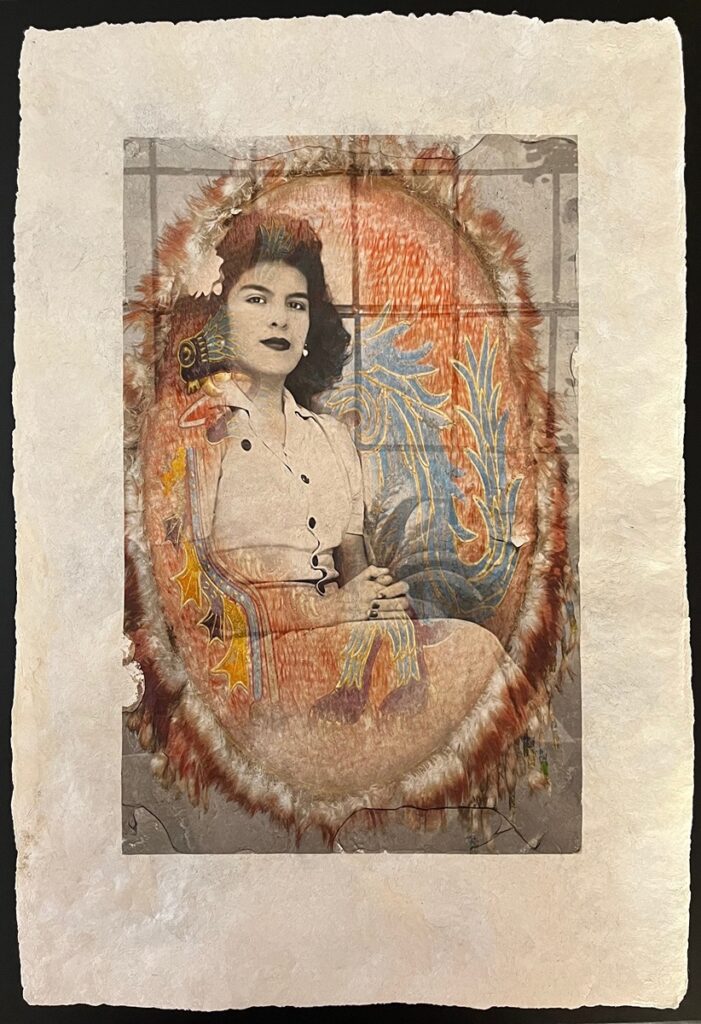 A layered art piece featuring a vintage-style photograph of a woman with dark hair and a patterned dress.