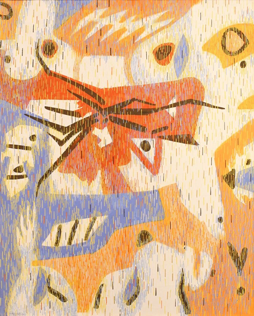 A painting by Lee Mullican, featuring abstract shapes and patterns in shades of orange, blue, and black.
