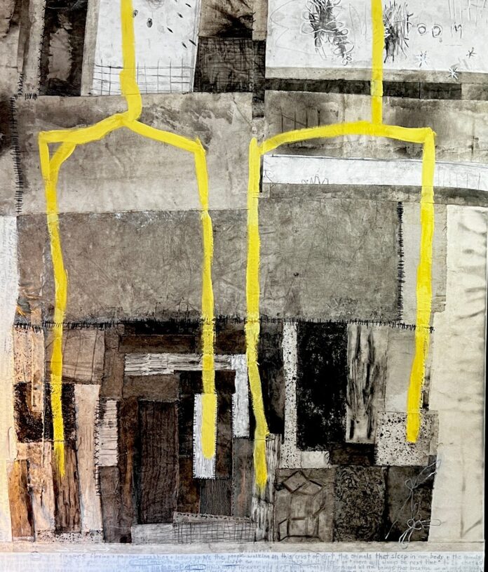 Lori Swartz (On View) An abstract artwork on view featuring two tall, yellow, stick-like figures against a textured background of various shades of gray and black, with visible stitching and mixed media elements.