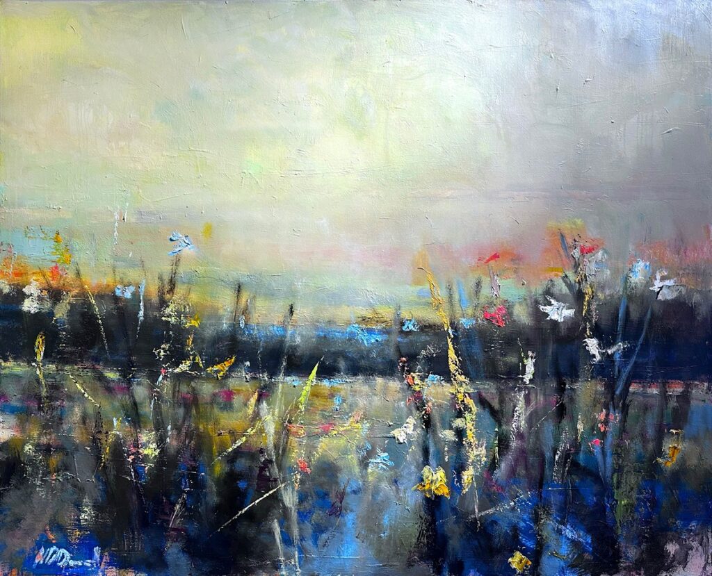 An abstract landscape painting with a light sky and dark, textured foreground featuring vertical strokes of yellow, blue, and pink, suggesting flora.