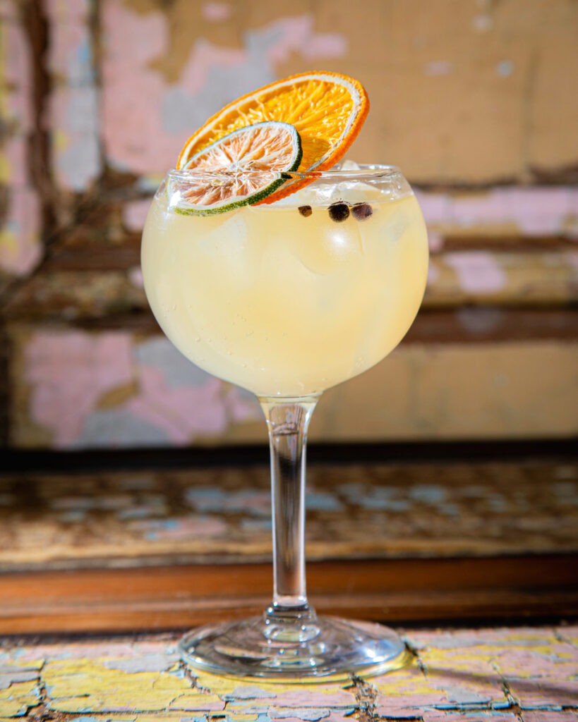 A Spanish Gin and Tonic cocktail, garnished with dried orange and lime slices and peppercorns, is presented in a large stemmed glass.