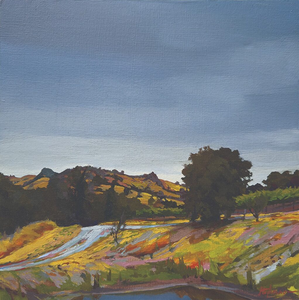 A painting depicting a landscape with a dirt road winding through golden and green fields, dark trees, and hills under a cloudy blue sky.