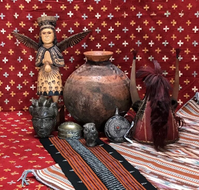 Treasures and textiles from Africa and the Middle East to be sold at the 2022 Folk Art Flea Santa Fe. Courtesy International Museum of Folk Art 1 768x737