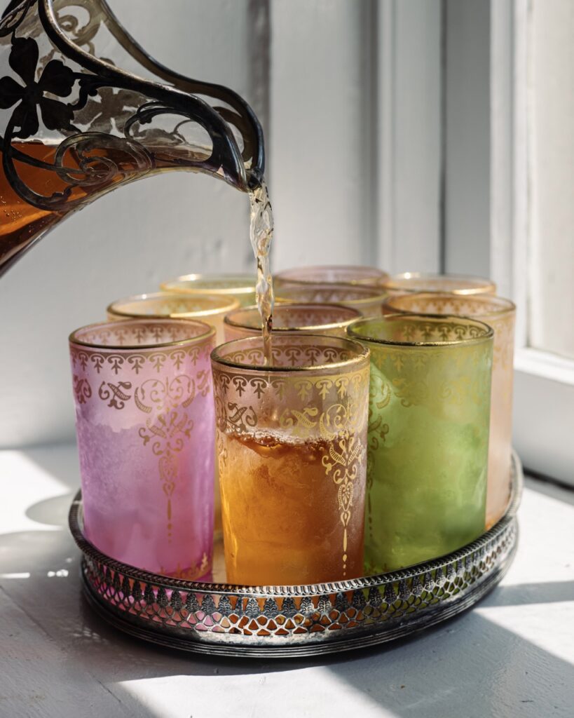 Various colored glasses sit on a silver serving tray as someone pours water into the glasses.