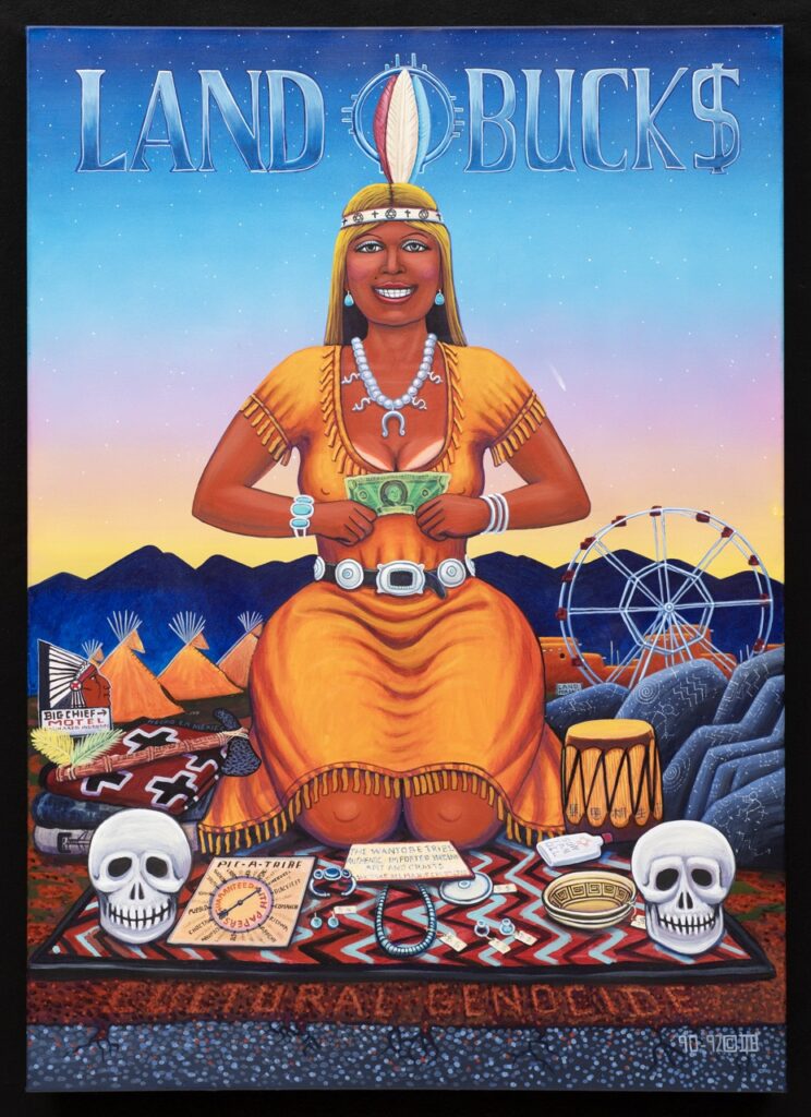 A painting of the land of lakes Indian holding a dollar bill.