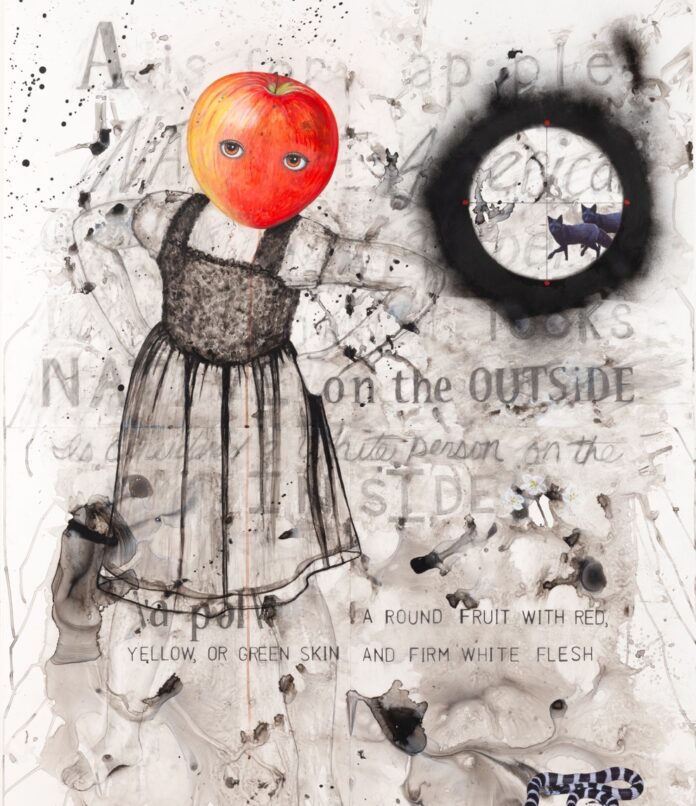 A drawing of a woman in a dress with an apple head.