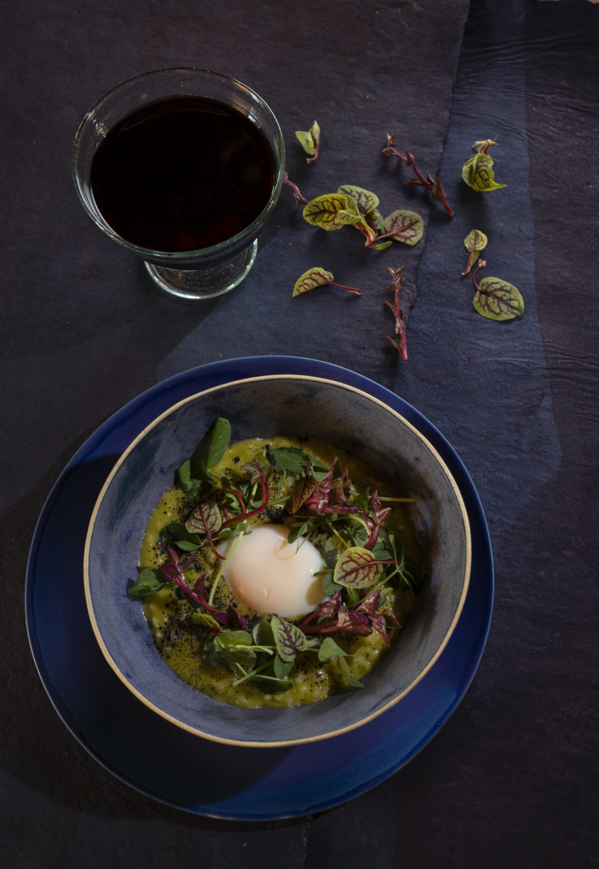 Green Chili Risotto Recipe with Green Chile Purée, Perfect Eggs, and Microgreens