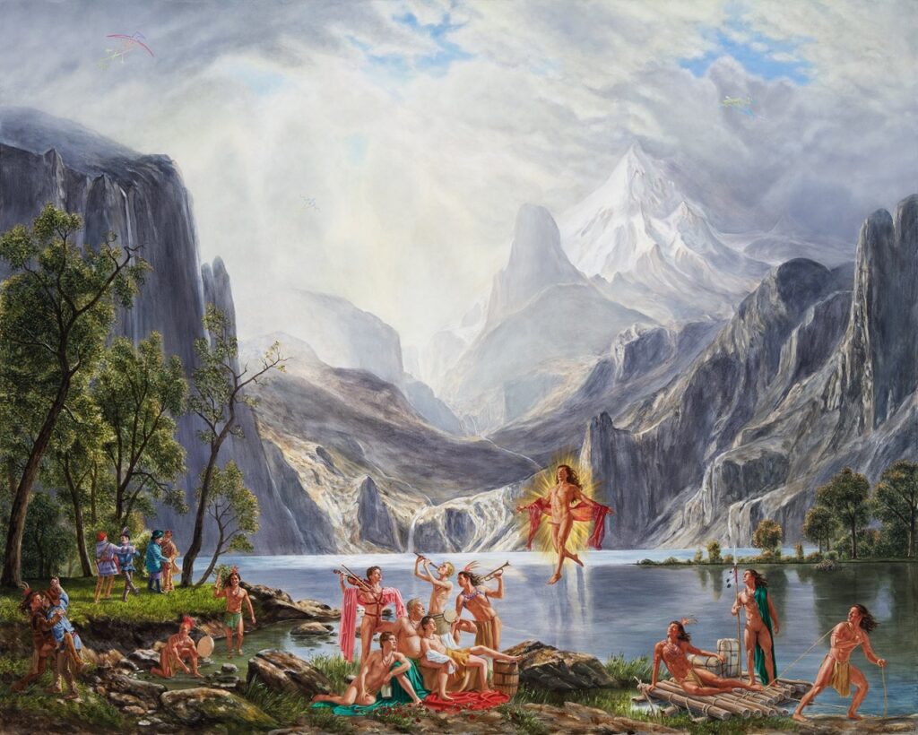 A painting of a mountain range and lake with Indians about.