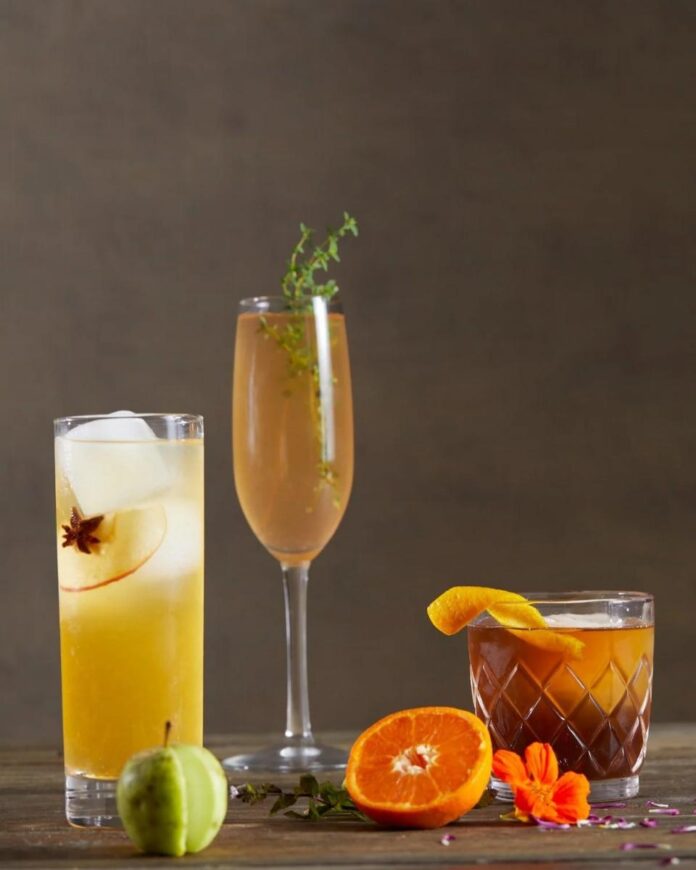 An enticing display of a trio of fall cocktails. Each cocktail is expertly garnished and presented in elegant glassware.