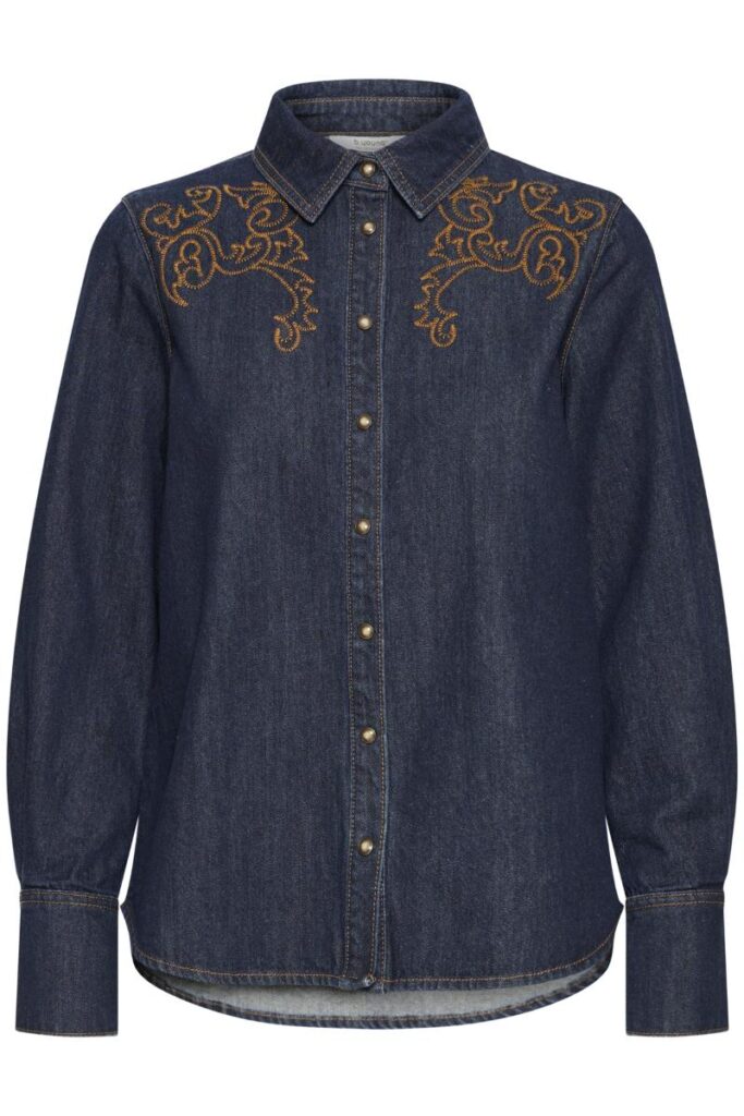 A classic dark blue denim shirt with intricate golden embroidery on the shoulders.