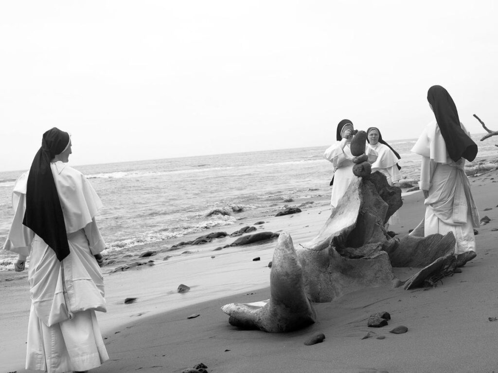 A black and white photograph of five women in habits on a rocky beach.