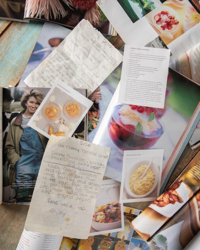 A collage of Martha Stewart photos, magazine articles, and handwritten recipes.