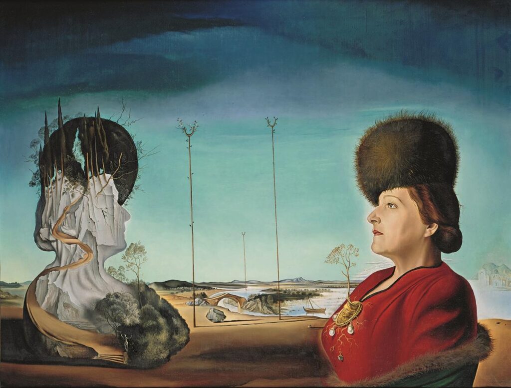 A Surrealist oil painting with a large landscape background and a foreground featuring a bust of a woman's head on the left, and a profile of a woman in a red coat and fur hat on the right.