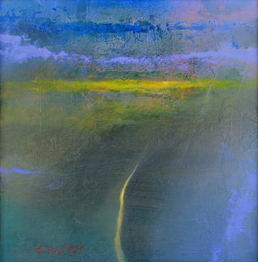 An abstract painting titled ‘Mountain River’ by artist John Axton, featuring a yellow line meandering through a field of blue to a yellow-green horizon.