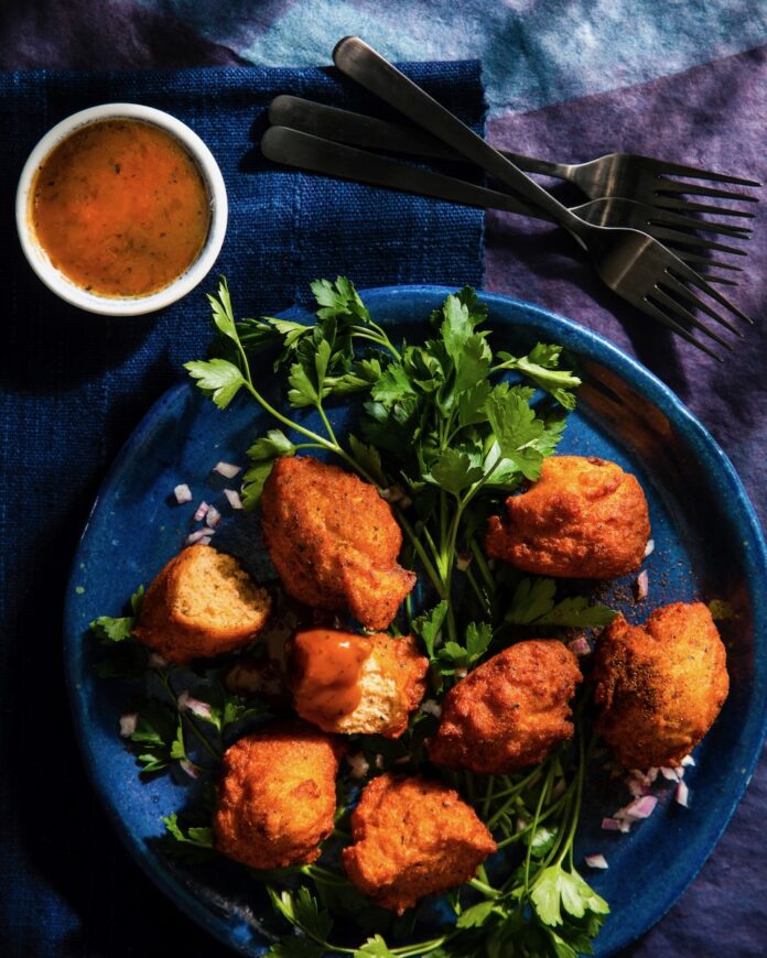 Akara Fritters Akara Black Eyed Pea Fritters on a blue plate