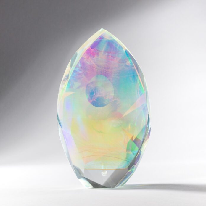 The Light Keepers C Alex Clark, Conveyance Vector 1, 2019. Hologram in hand-ground glass. 6 x 4 x 3 in. Courtesy form & concept.