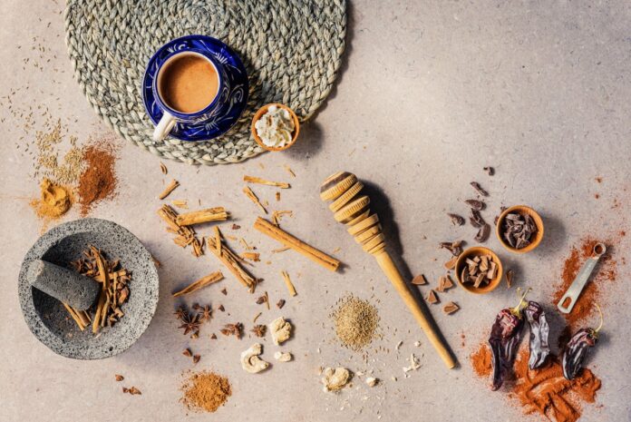 Shown here are the ingredients of Kakawa’s Tzul elixir. This rich mix combines dark chocolate, caramelized milk chocolate, cinnamon, ginger, star anise, cloves, white peppercorn, and fennel.