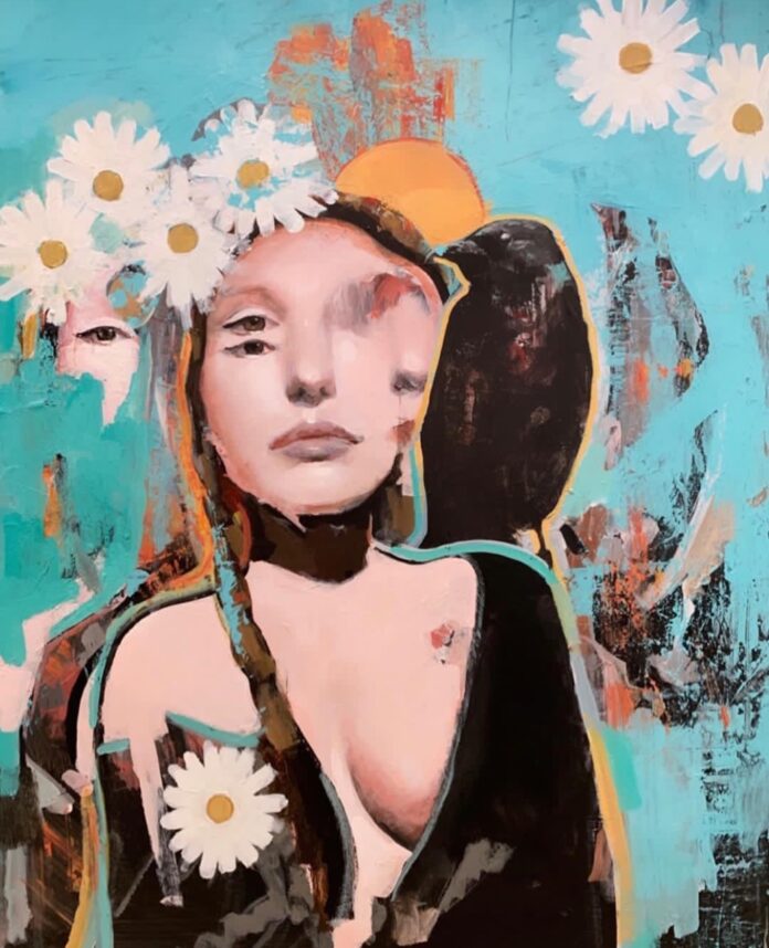 A collage of a woman on a blue background with white flowers.