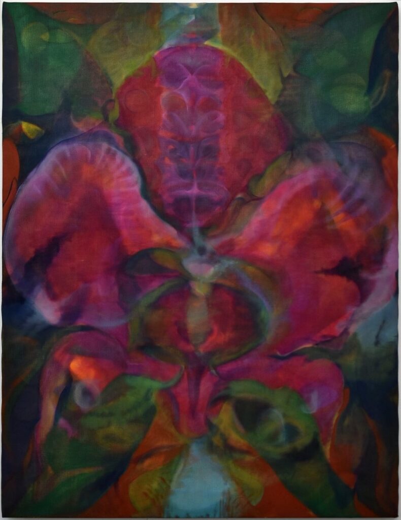 A painting with pink and purple and green colors.